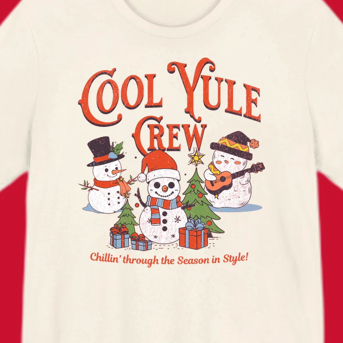 Cool Yule Crew snowmen with guitars and gifts, celebrating the holiday season.