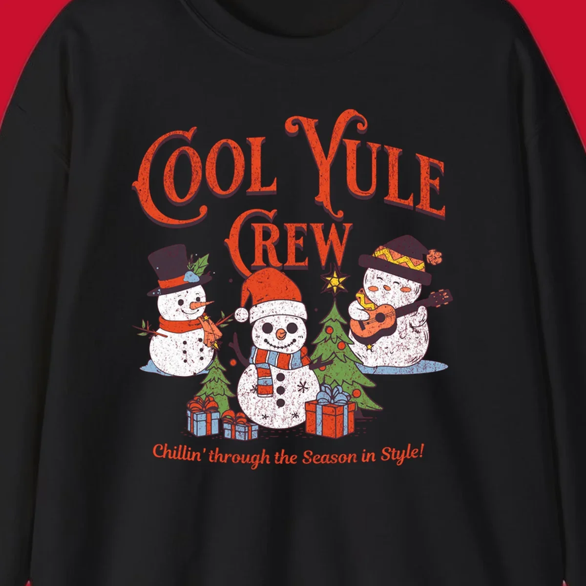 Cool Yule Crew snowmen with guitars and gifts, celebrating the holiday season.
