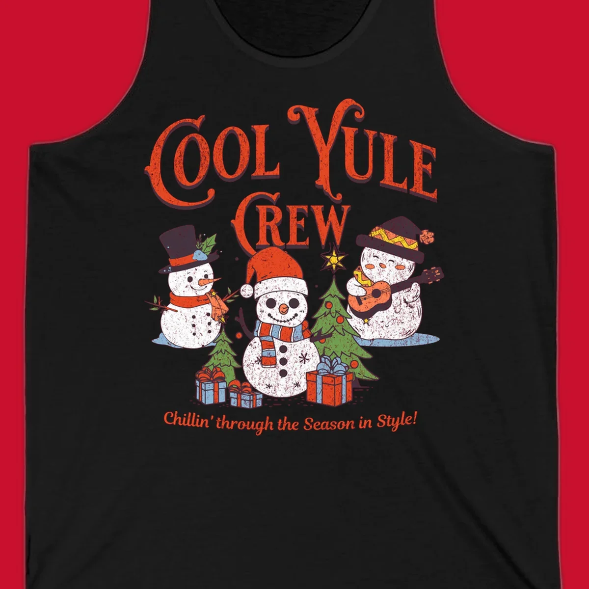 Cool Yule Crew snowmen with guitars and gifts, celebrating the holiday season.