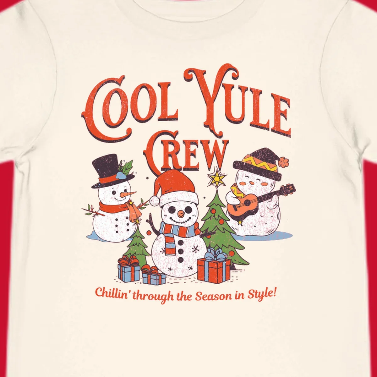 Cool Yule Crew snowmen with guitars and gifts, celebrating the holiday season.
