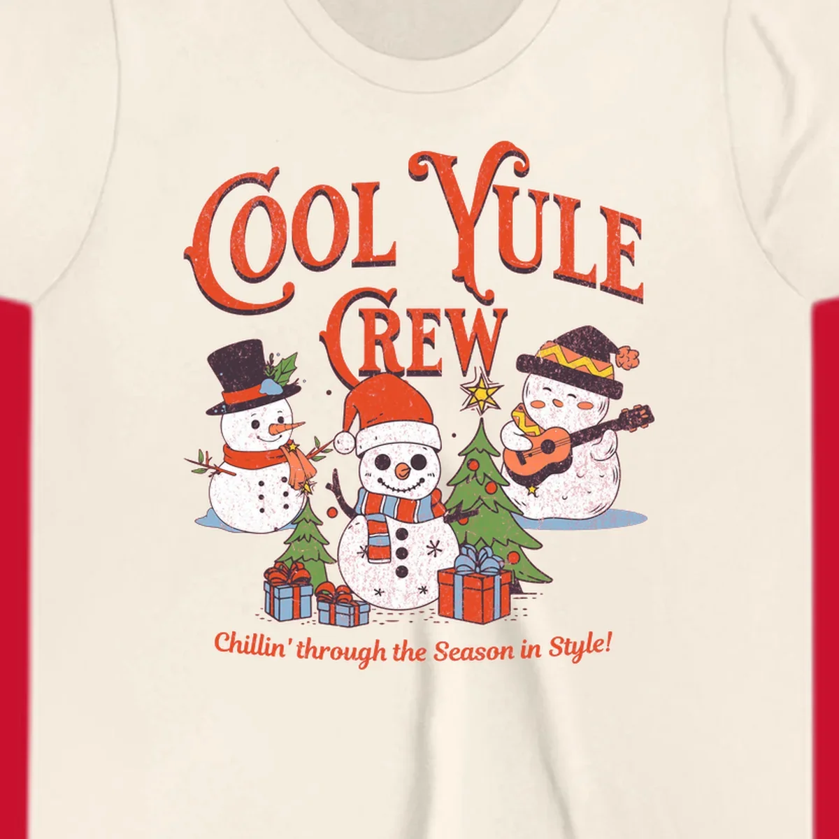 Cool Yule Crew snowmen with guitars and gifts, celebrating the holiday season.