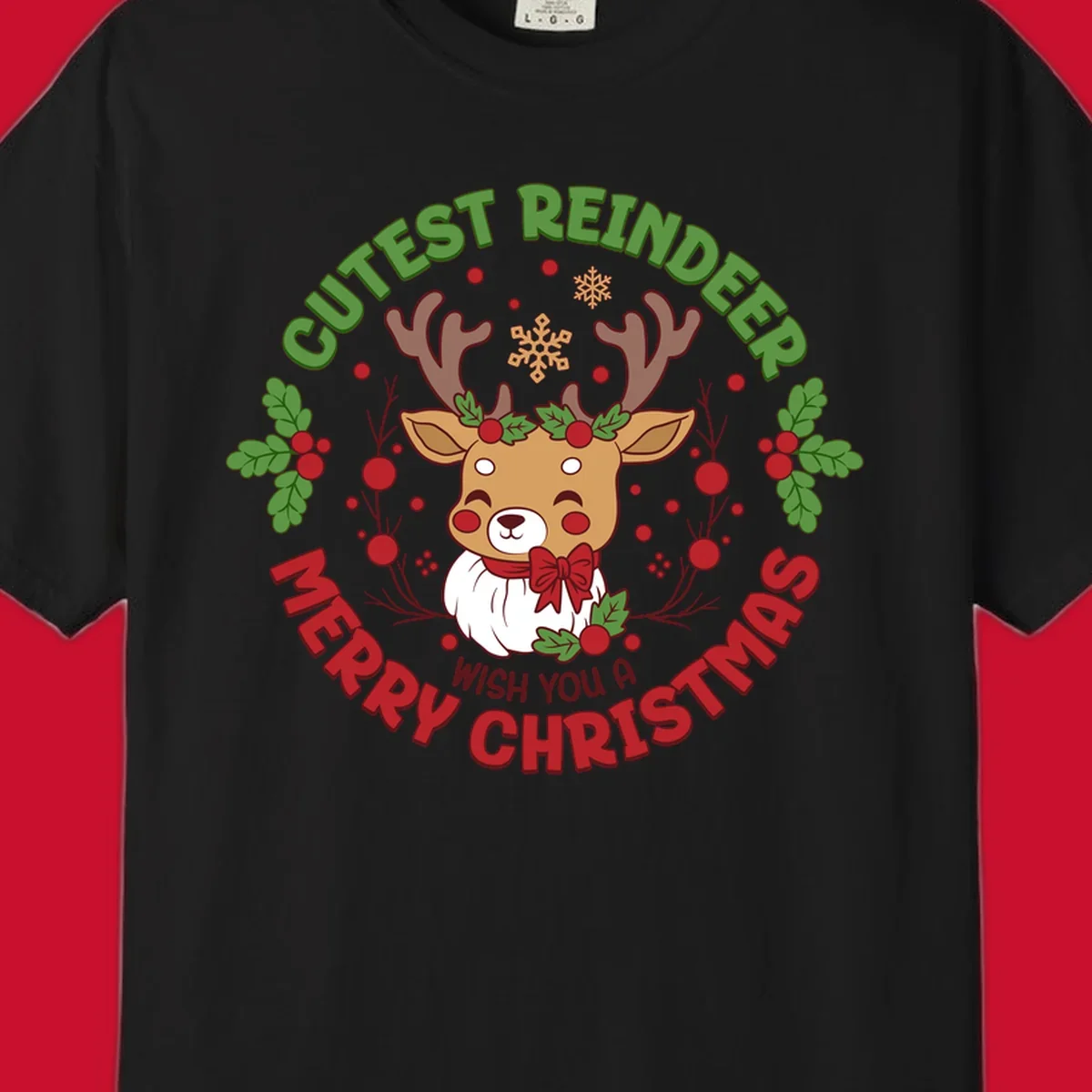 Illustration of a reindeer with holly and snowflakes, with text 'Cutest Reindeer Merry Christmas Wish You A'.
