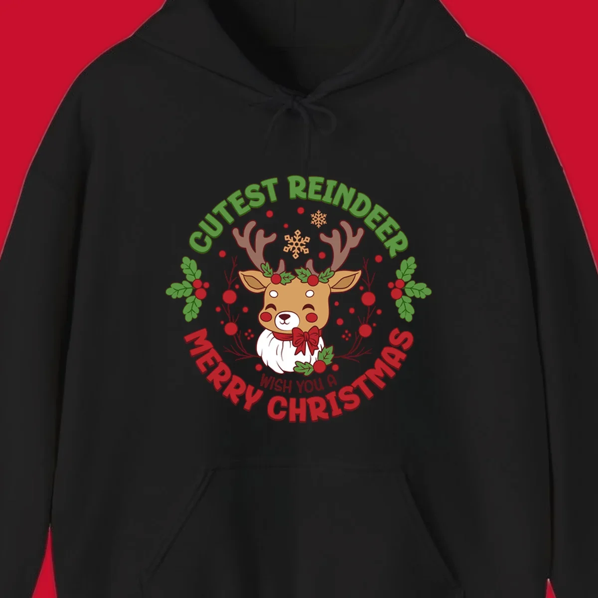 Illustration of a reindeer with holly and snowflakes, with text 'Cutest Reindeer Merry Christmas Wish You A'.