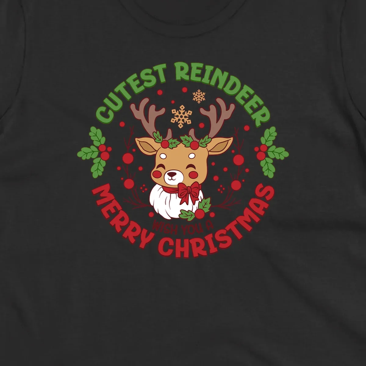 Illustration of a reindeer with holly and snowflakes, with text 'Cutest Reindeer Merry Christmas Wish You A'.