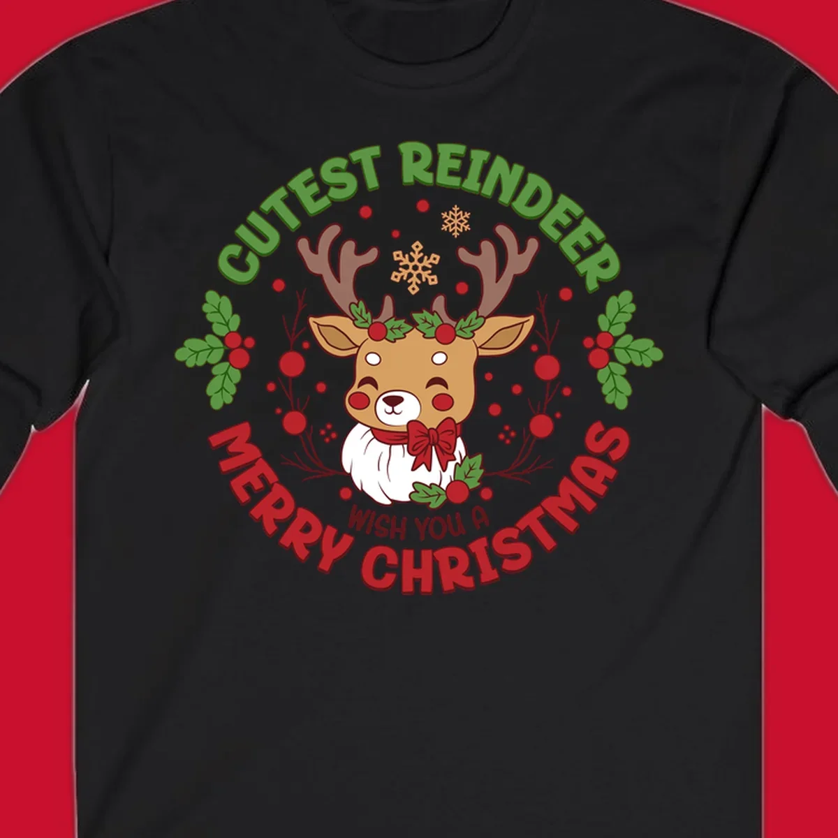 Illustration of a reindeer with holly and snowflakes, with text 'Cutest Reindeer Merry Christmas Wish You A'.