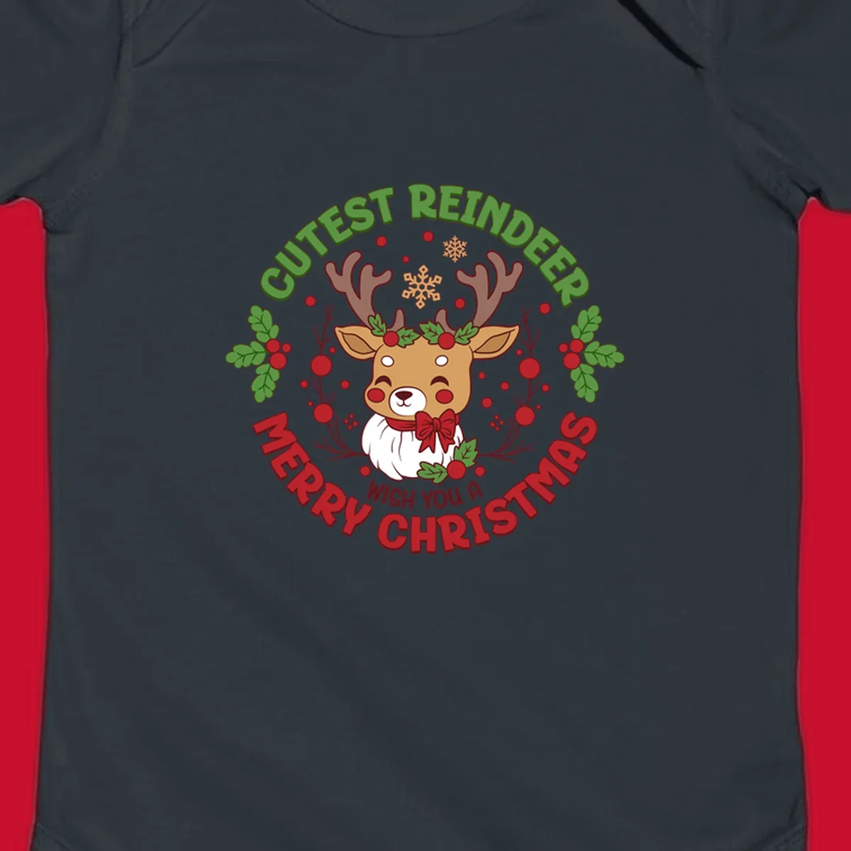 Illustration of a reindeer with holly and snowflakes, with text 'Cutest Reindeer Merry Christmas Wish You A'.