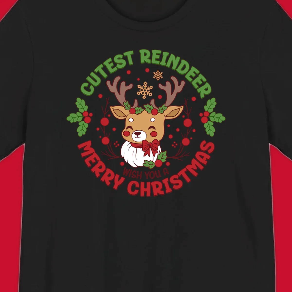 Illustration of a reindeer with holly and snowflakes, with text 'Cutest Reindeer Merry Christmas Wish You A'.