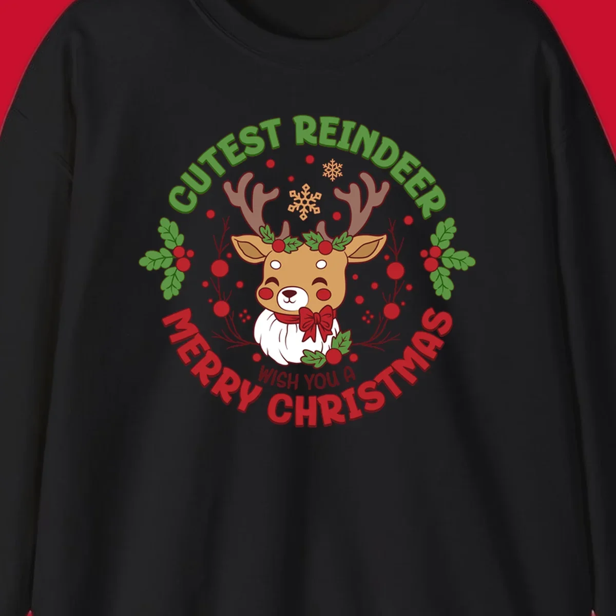 Illustration of a reindeer with holly and snowflakes, with text 'Cutest Reindeer Merry Christmas Wish You A'.