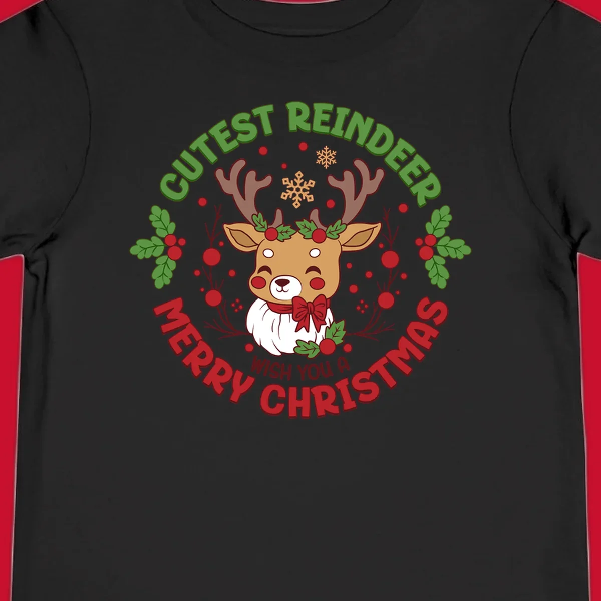 Illustration of a reindeer with holly and snowflakes, with text 'Cutest Reindeer Merry Christmas Wish You A'.
