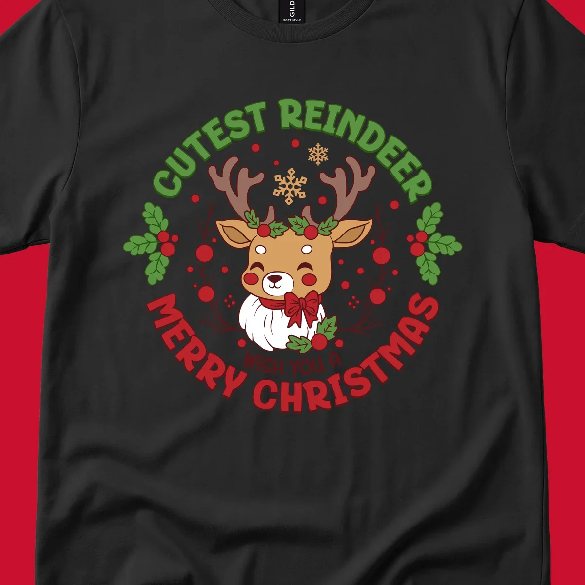 Illustration of a reindeer with holly and snowflakes, with text 'Cutest Reindeer Merry Christmas Wish You A'.