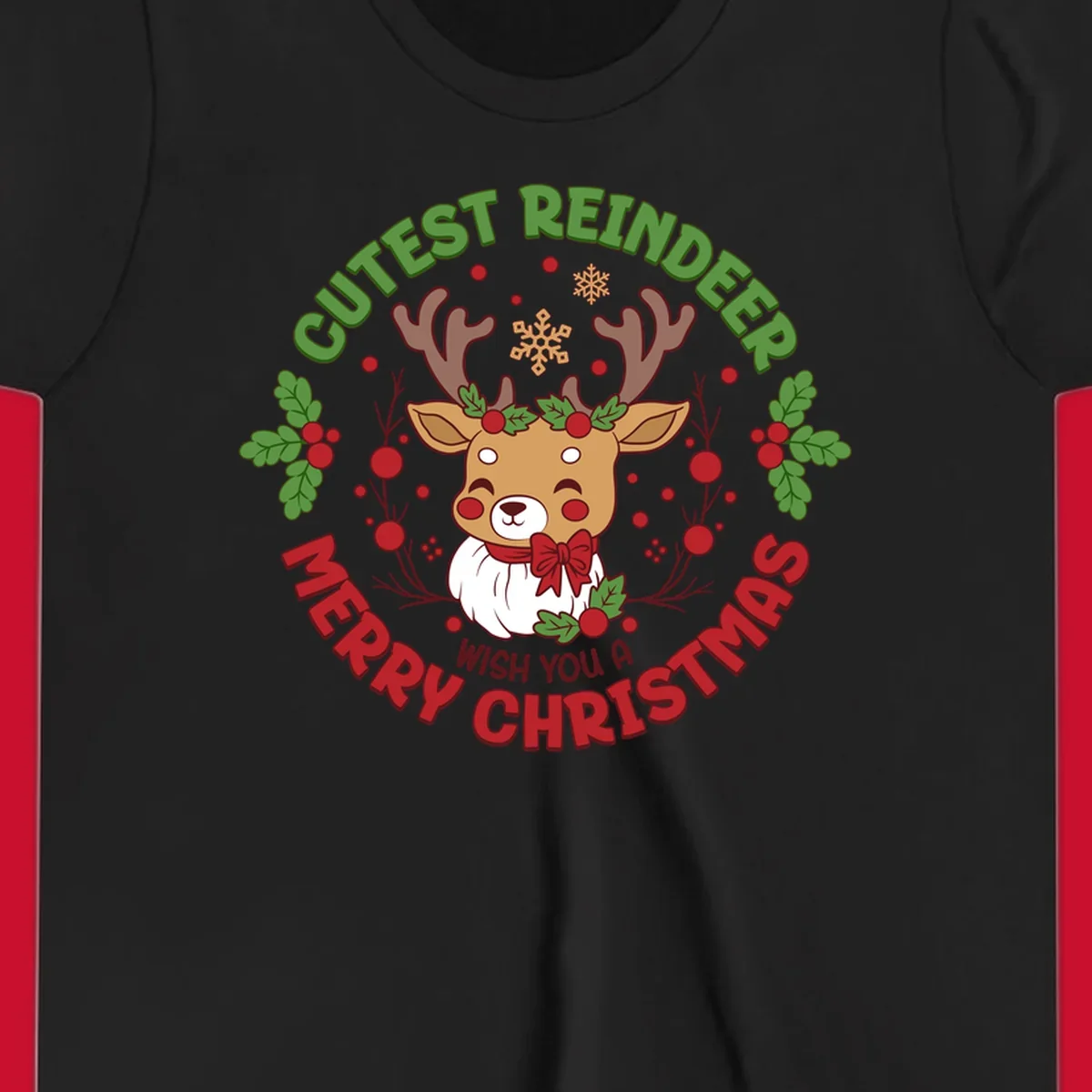 Illustration of a reindeer with holly and snowflakes, with text 'Cutest Reindeer Merry Christmas Wish You A'.
