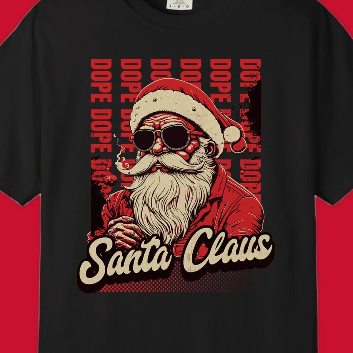 Dope Santa Claus illustration with sunglasses and smoking, text elements, on a dark background.