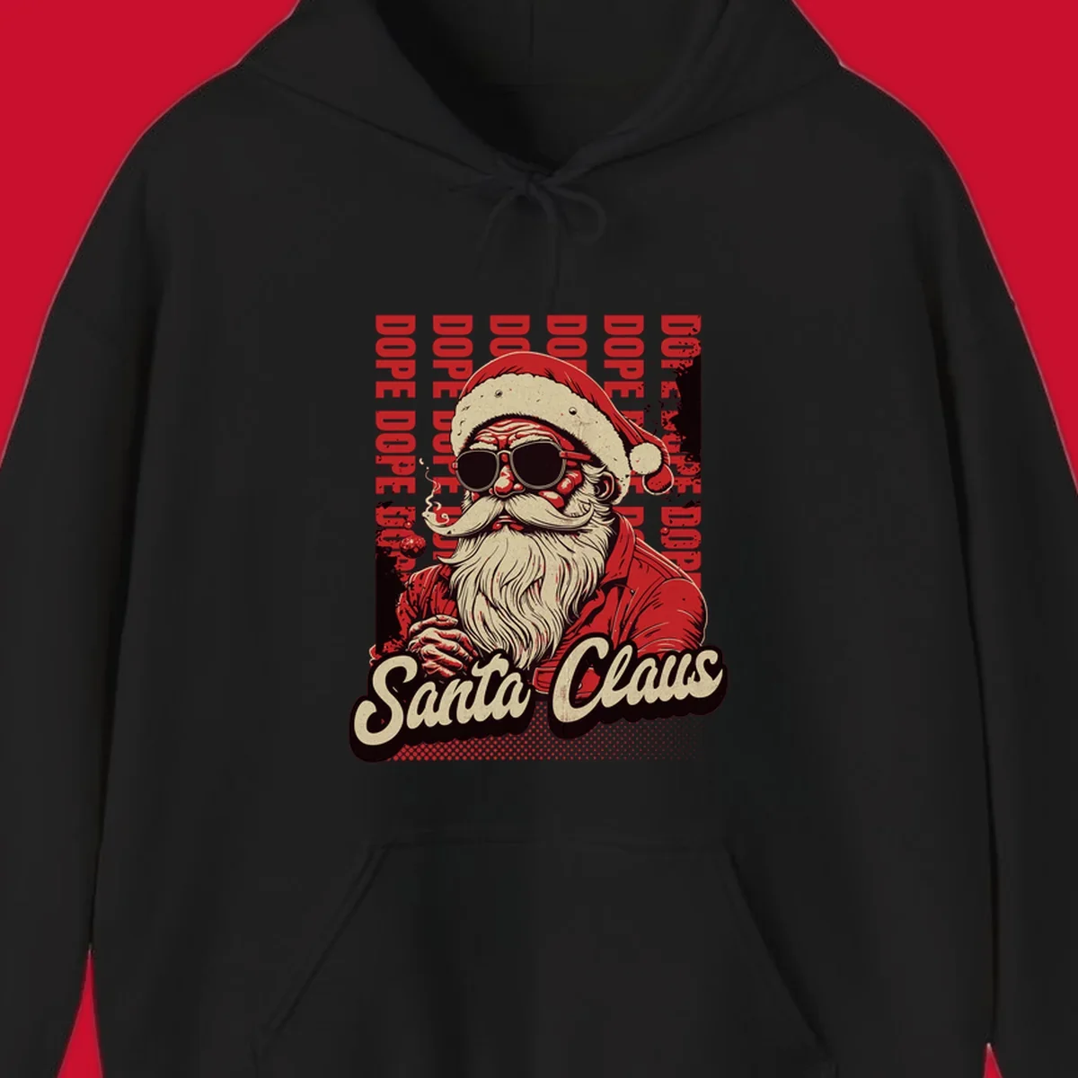 Dope Santa Claus illustration with sunglasses and smoking, text elements, on a dark background.