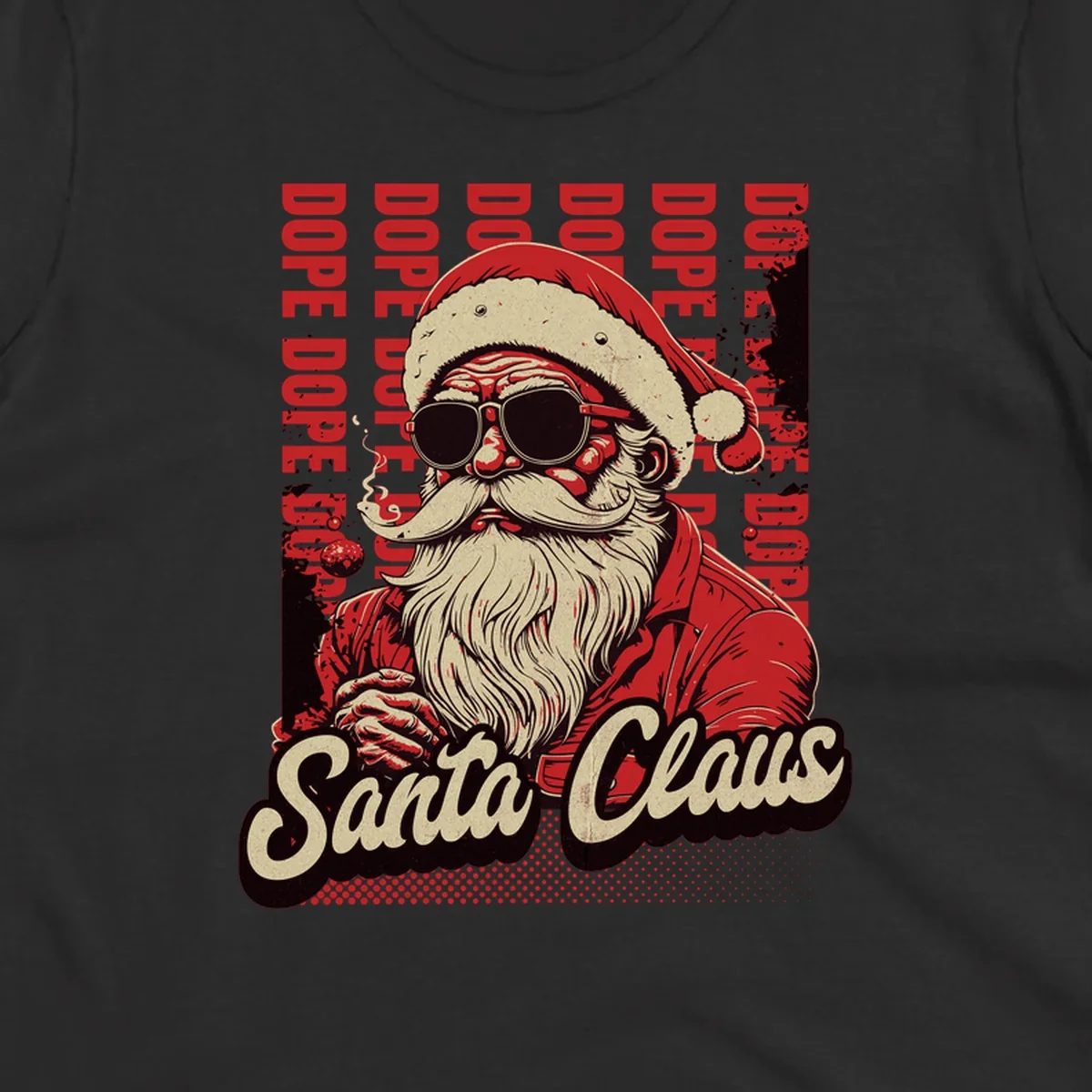 Dope Santa Claus illustration with sunglasses and smoking, text elements, on a dark background.