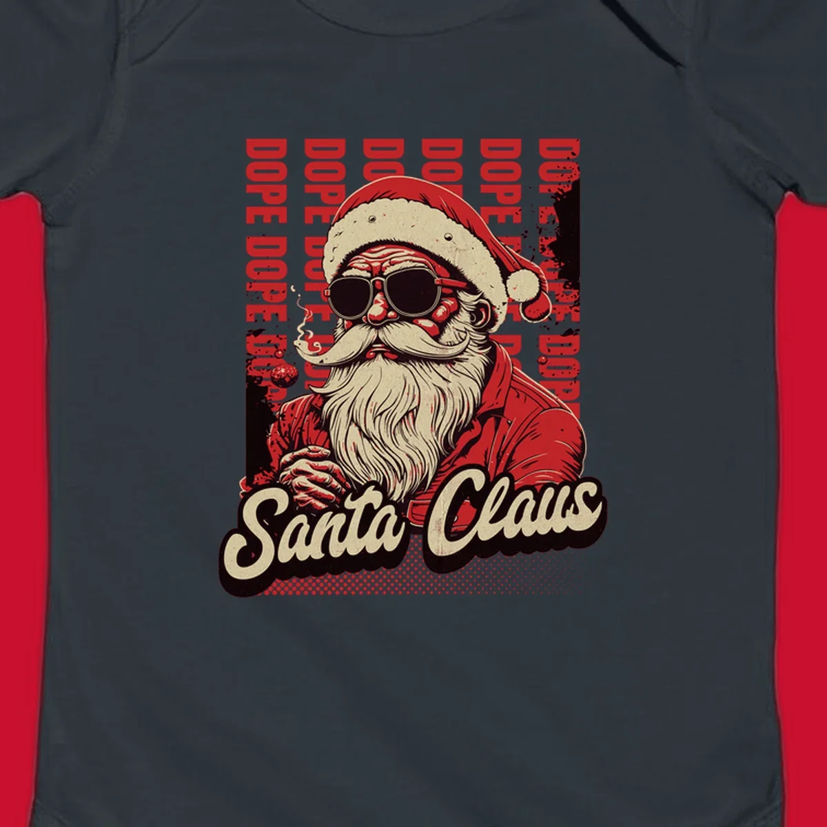 Dope Santa Claus illustration with sunglasses and smoking, text elements, on a dark background.