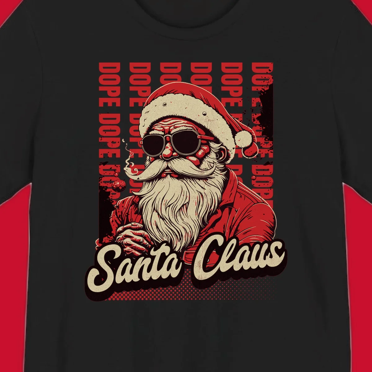 Dope Santa Claus illustration with sunglasses and smoking, text elements, on a dark background.