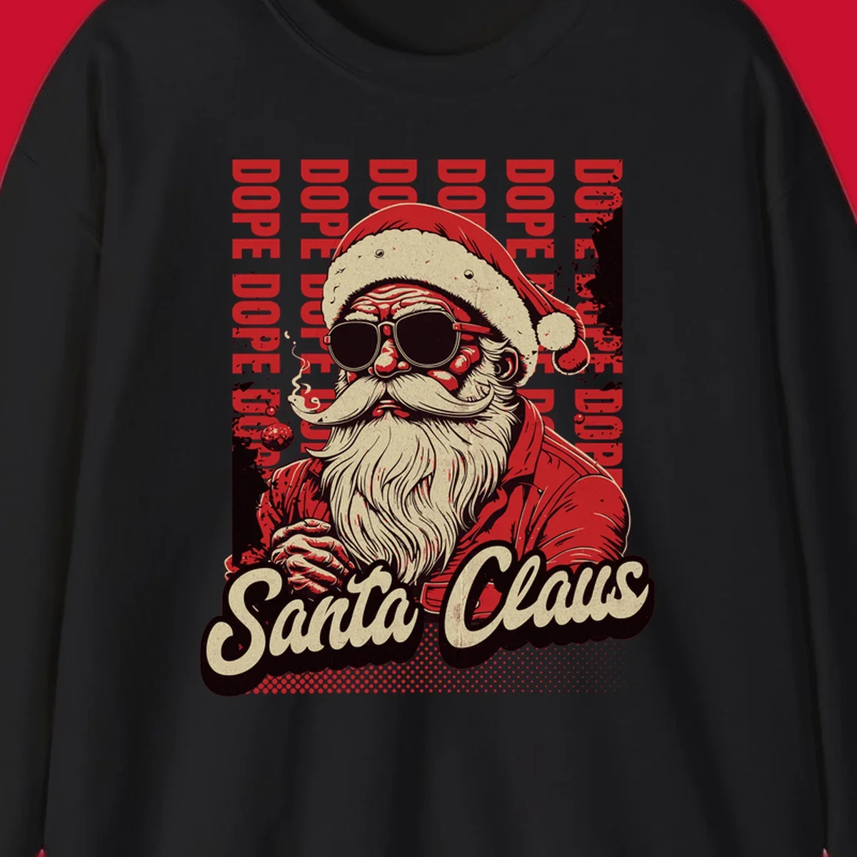 Dope Santa Claus illustration with sunglasses and smoking, text elements, on a dark background.