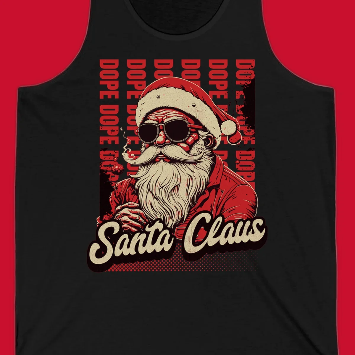 Dope Santa Claus illustration with sunglasses and smoking, text elements, on a dark background.