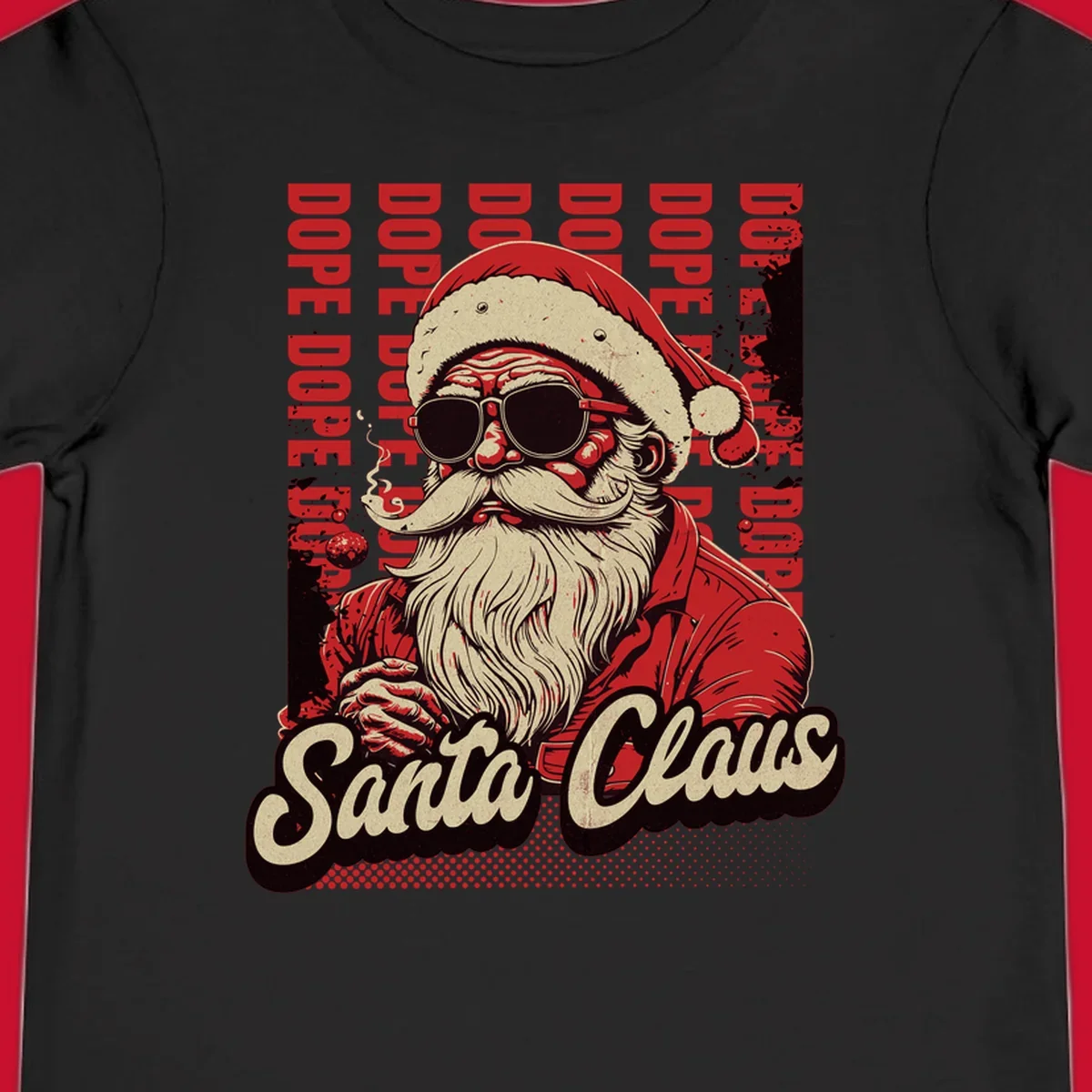 Dope Santa Claus illustration with sunglasses and smoking, text elements, on a dark background.
