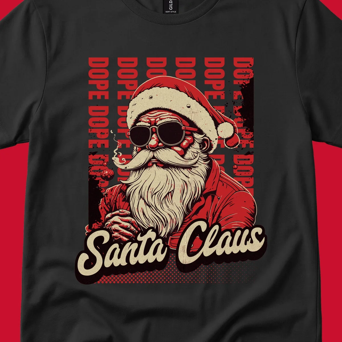 Dope Santa Claus illustration with sunglasses and smoking, text elements, on a dark background.