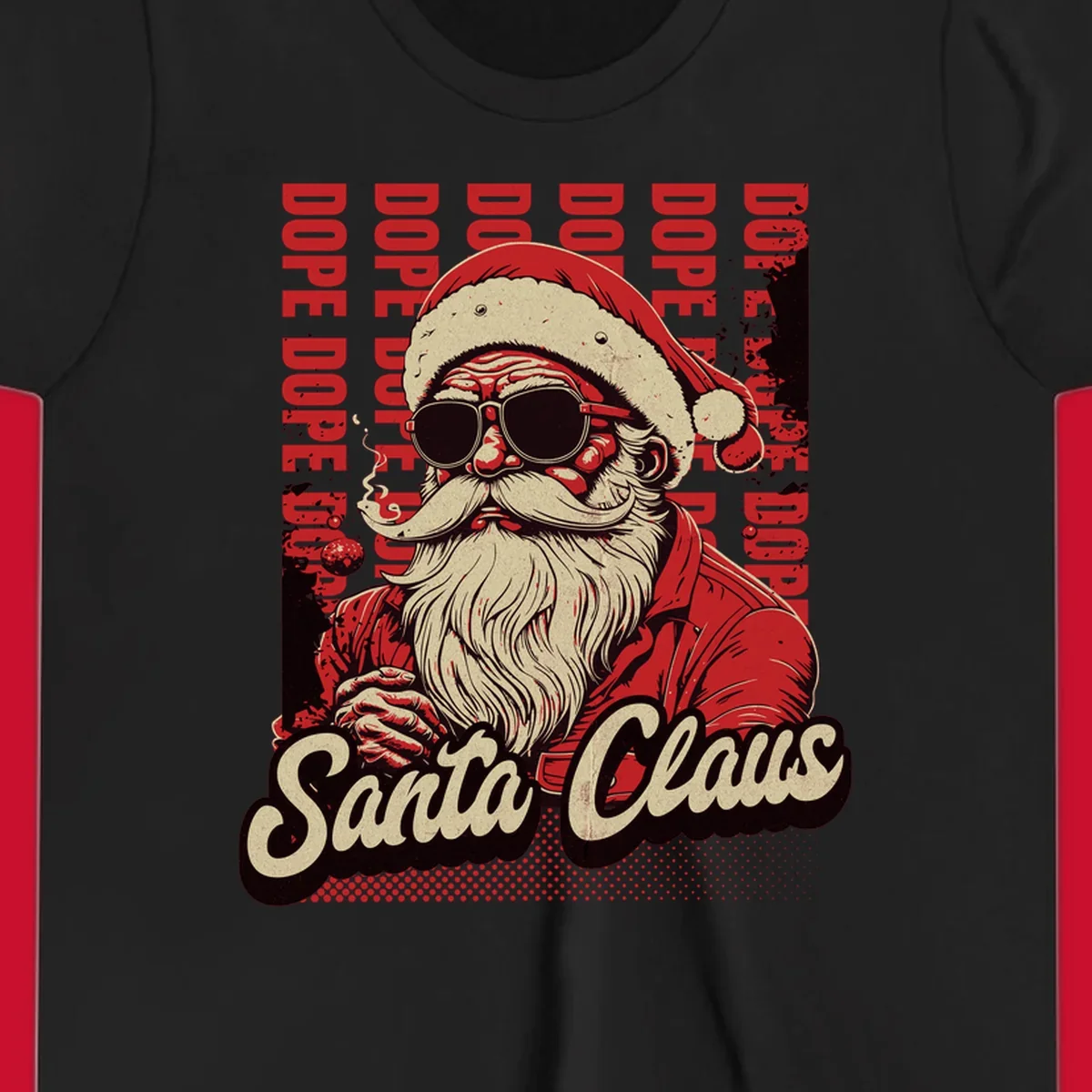 Dope Santa Claus illustration with sunglasses and smoking, text elements, on a dark background.