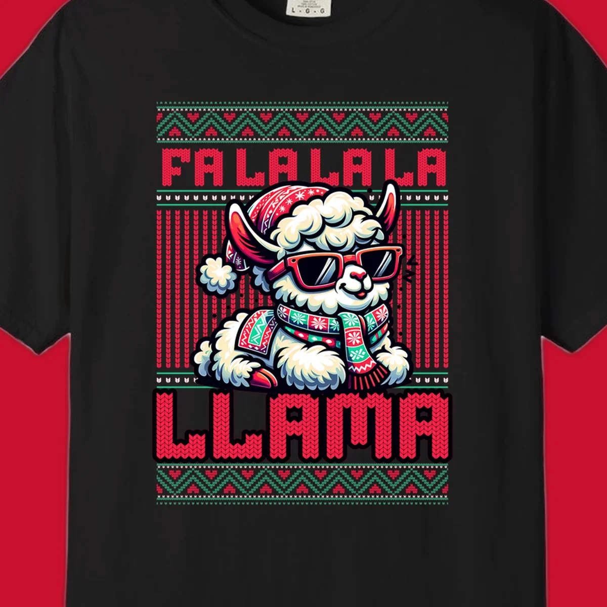 Loud falalala llama with sunglasses and Santa hat, ugly christmas sweater design.