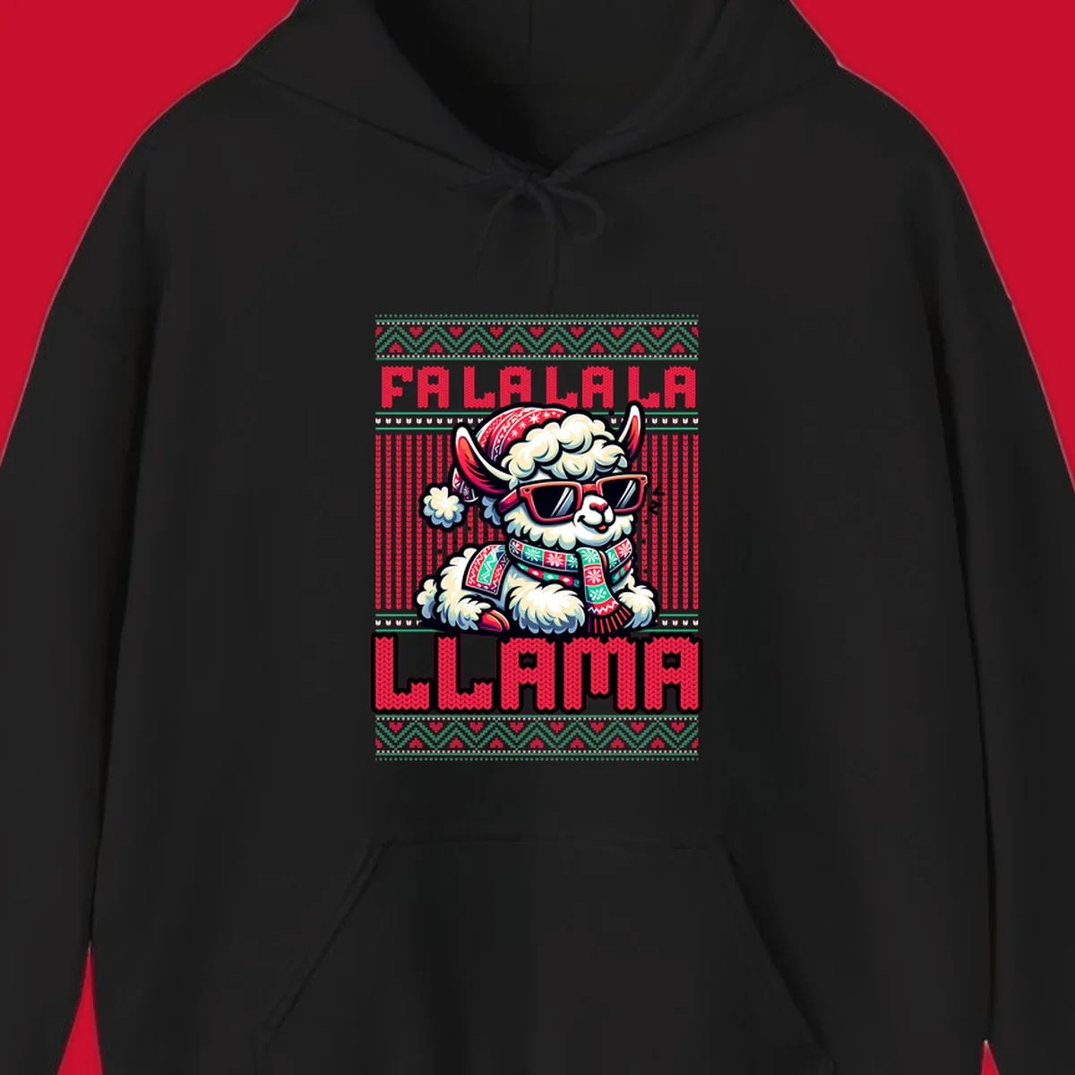 Loud falalala llama with sunglasses and Santa hat, ugly christmas sweater design.