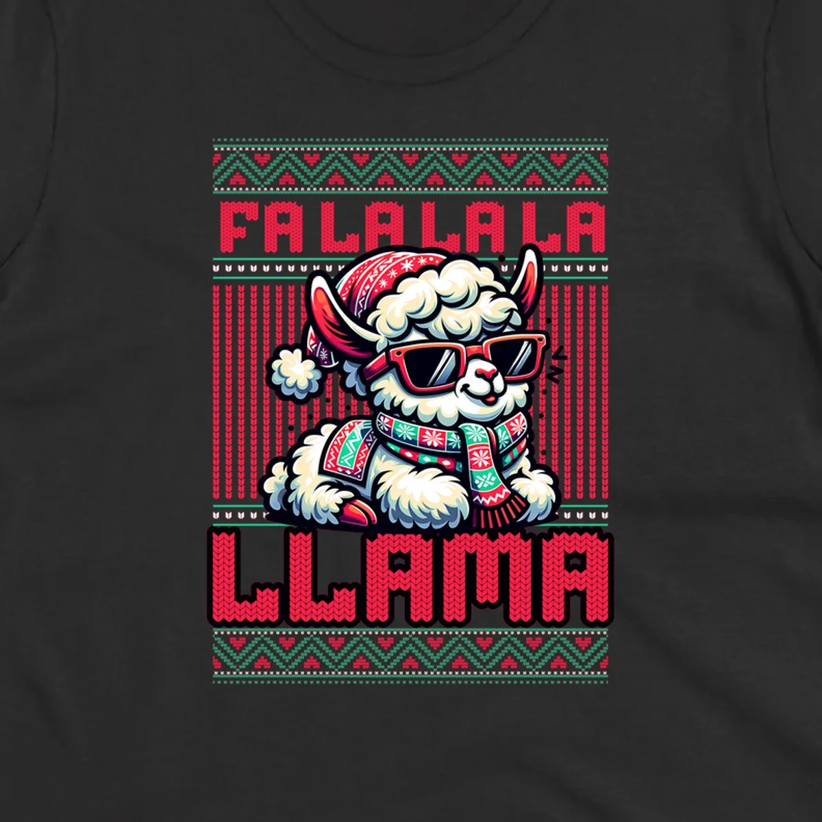 Loud falalala llama with sunglasses and Santa hat, ugly christmas sweater design.