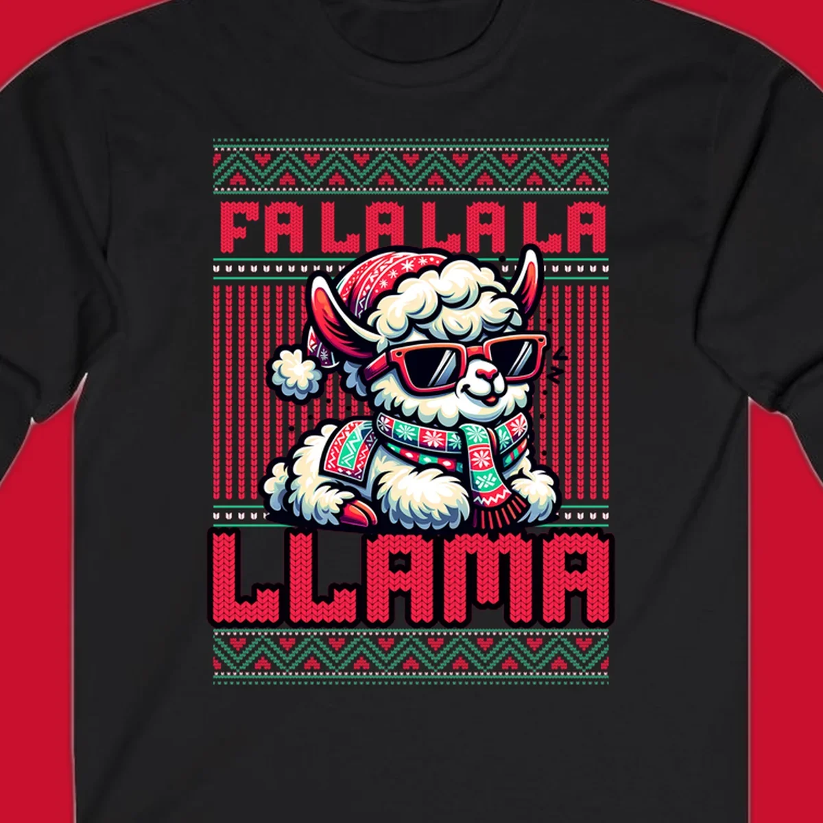 Loud falalala llama with sunglasses and Santa hat, ugly christmas sweater design.