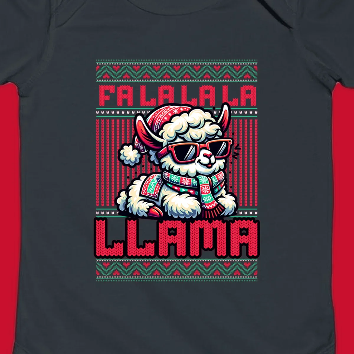 Loud falalala llama with sunglasses and Santa hat, ugly christmas sweater design.