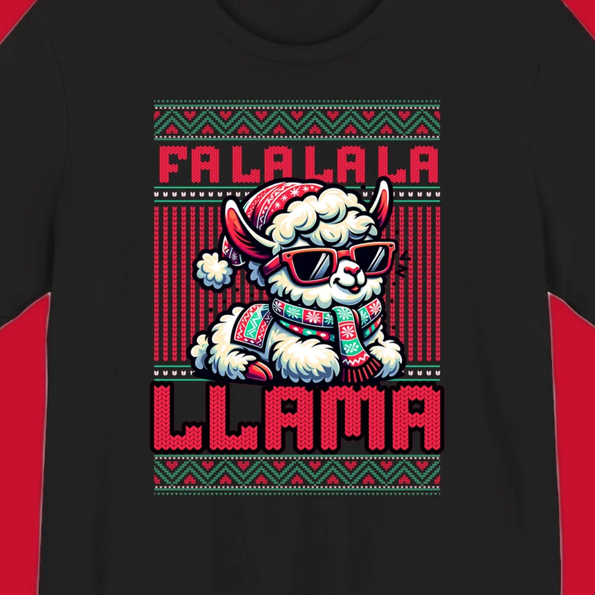 Loud falalala llama with sunglasses and Santa hat, ugly christmas sweater design.