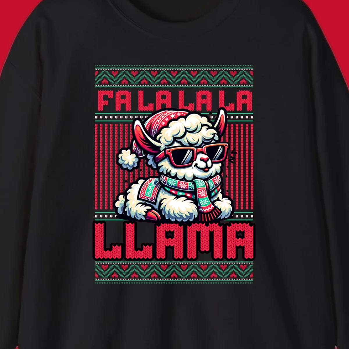 Loud falalala llama with sunglasses and Santa hat, ugly christmas sweater design.