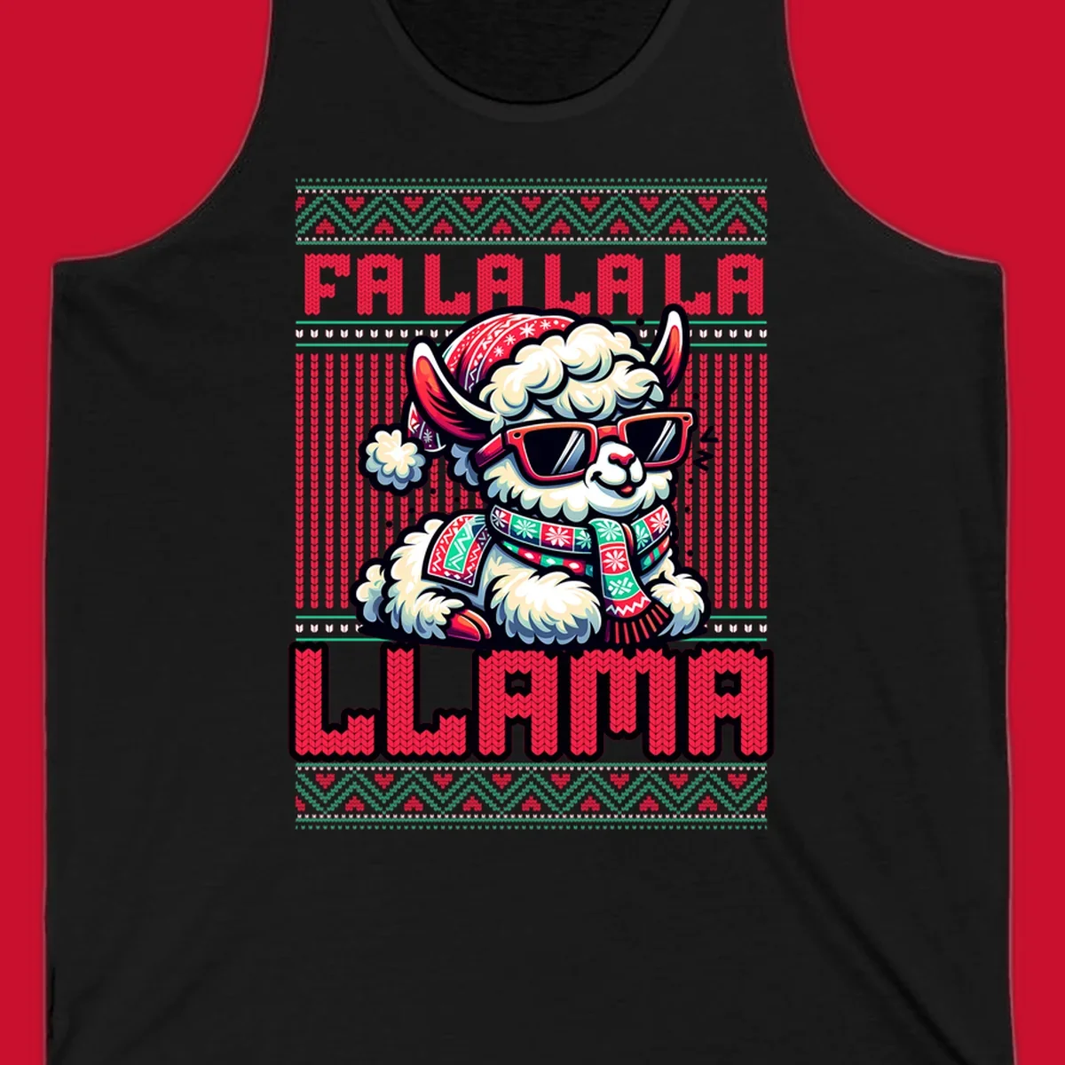 Loud falalala llama with sunglasses and Santa hat, ugly christmas sweater design.