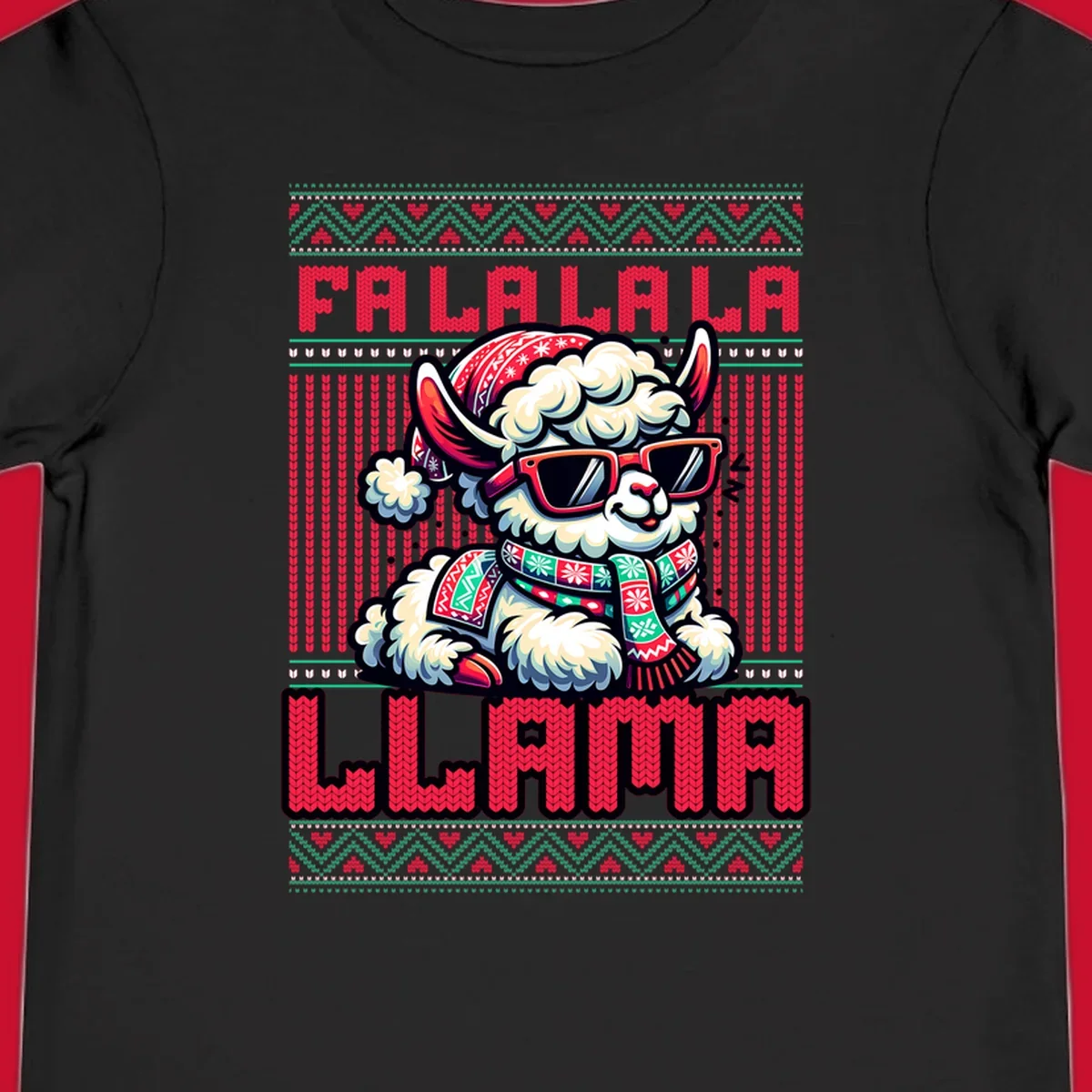 Loud falalala llama with sunglasses and Santa hat, ugly christmas sweater design.