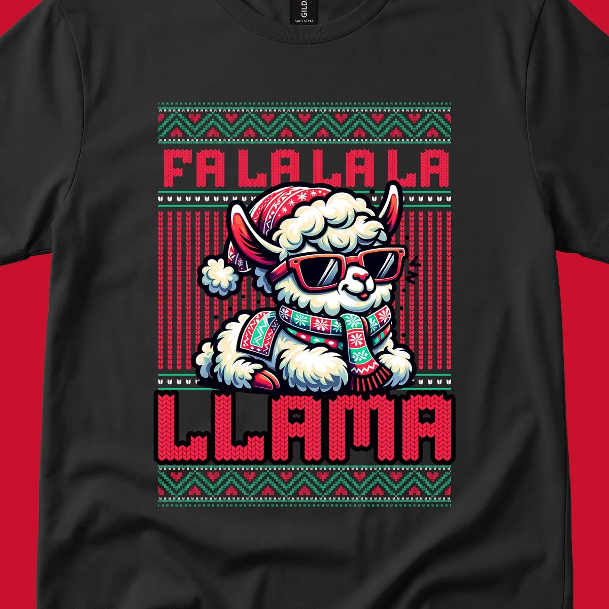 Loud falalala llama with sunglasses and Santa hat, ugly christmas sweater design.