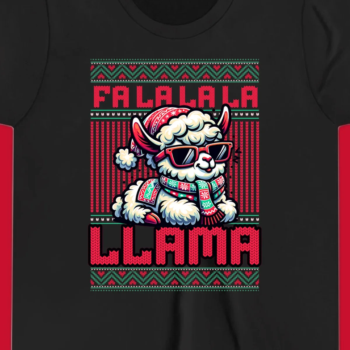 Loud falalala llama with sunglasses and Santa hat, ugly christmas sweater design.