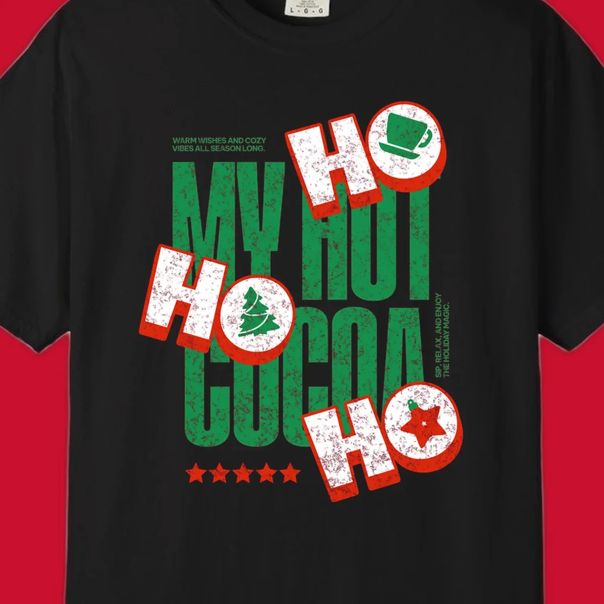 Hot cocoa holiday cheer text and icons design. Festive and loud for Christmas.
