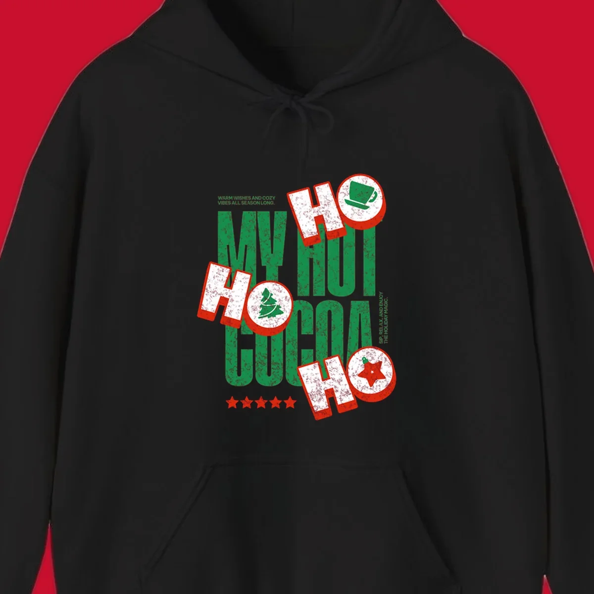 Hot cocoa holiday cheer text and icons design. Festive and loud for Christmas.