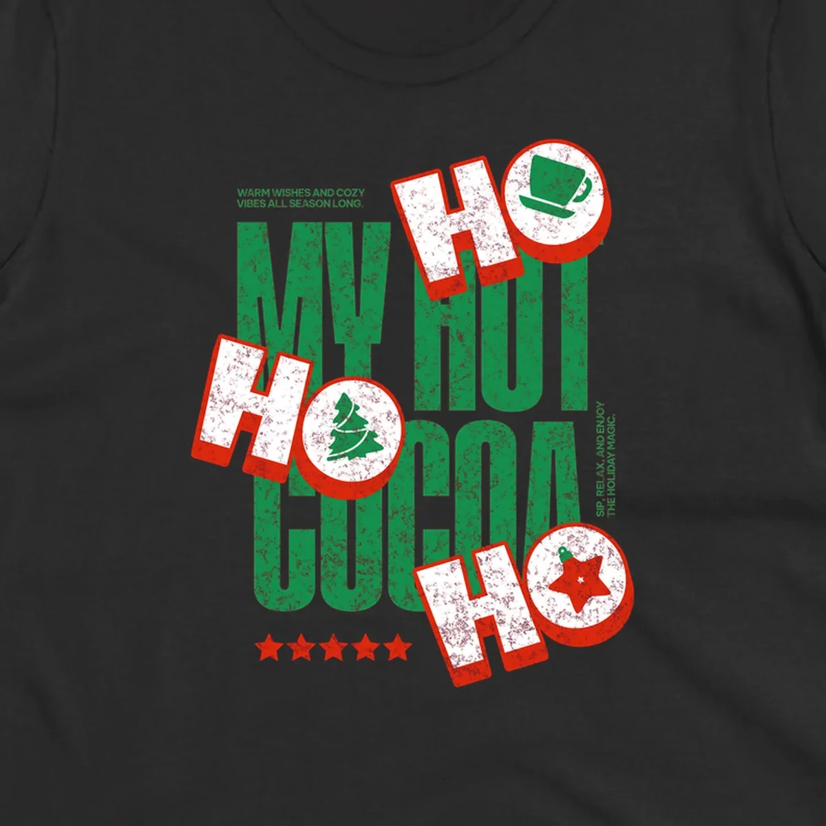 Hot cocoa holiday cheer text and icons design. Festive and loud for Christmas.
