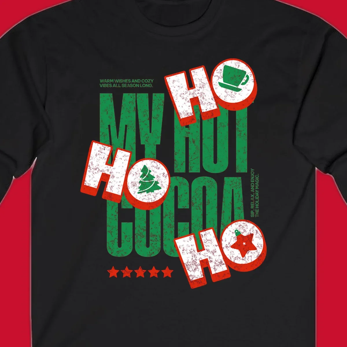 Hot cocoa holiday cheer text and icons design. Festive and loud for Christmas.