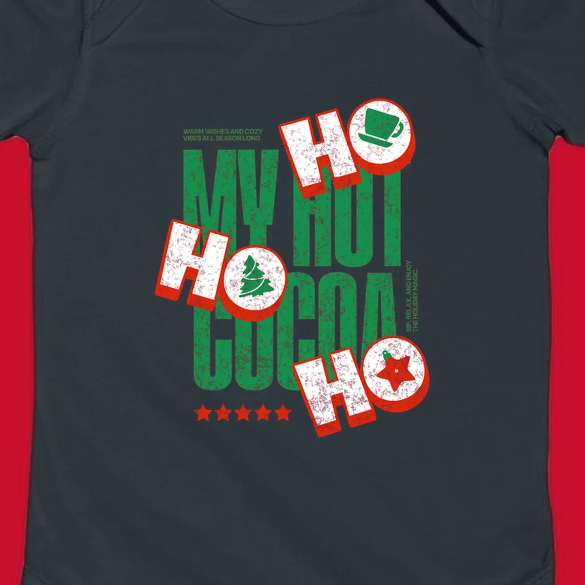 Hot cocoa holiday cheer text and icons design. Festive and loud for Christmas.