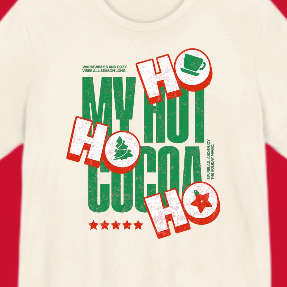 Hot cocoa holiday cheer text and icons design. Festive and loud for Christmas.
