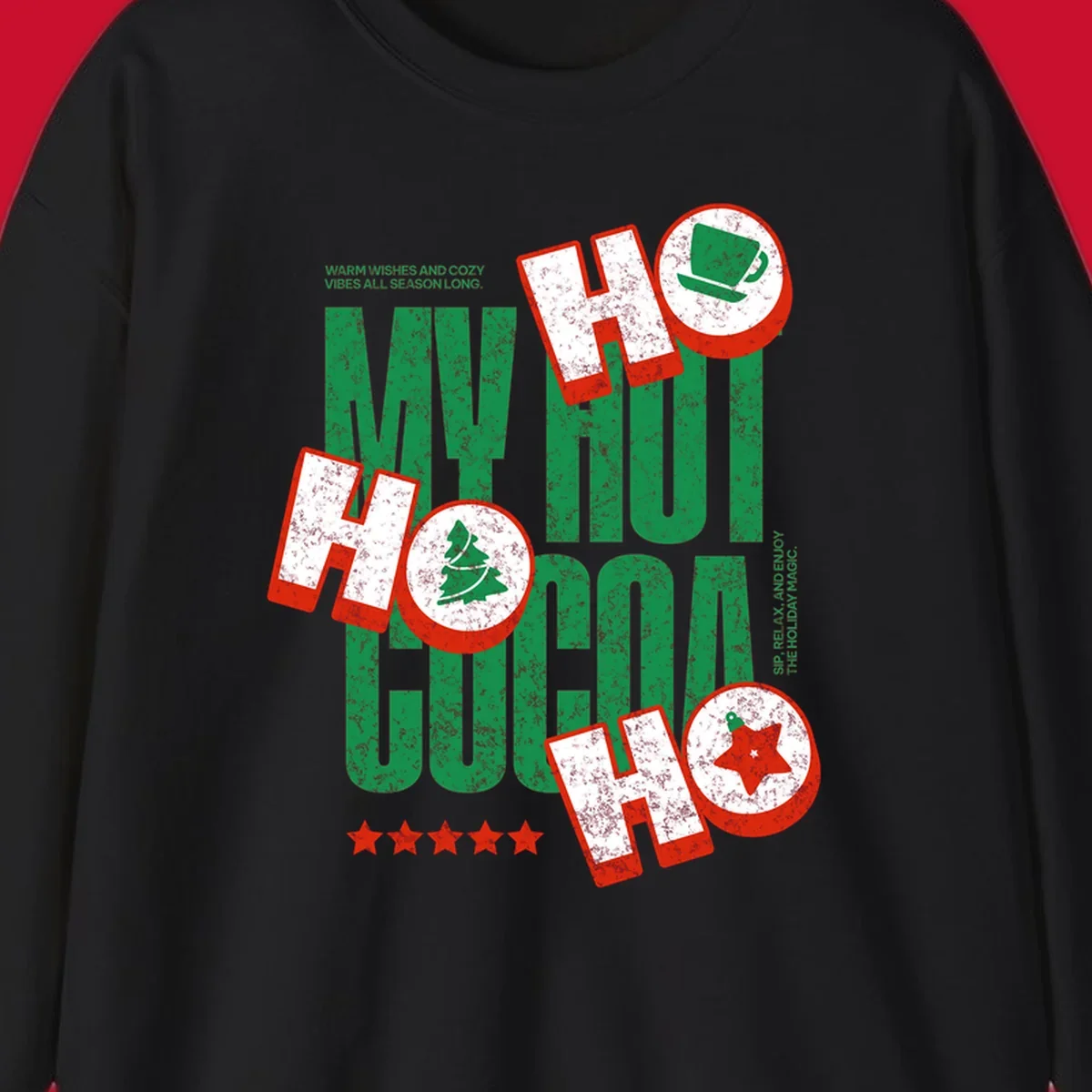 Hot cocoa holiday cheer text and icons design. Festive and loud for Christmas.