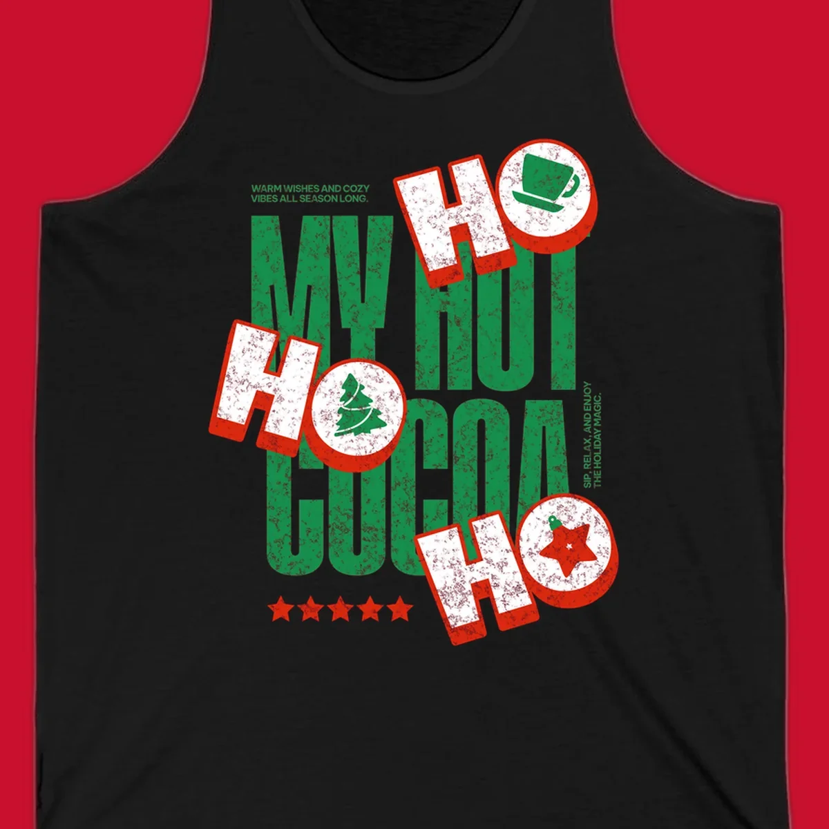 Hot cocoa holiday cheer text and icons design. Festive and loud for Christmas.