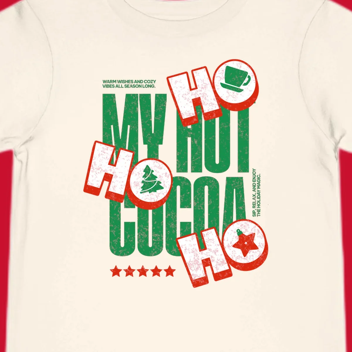 Hot cocoa holiday cheer text and icons design. Festive and loud for Christmas.