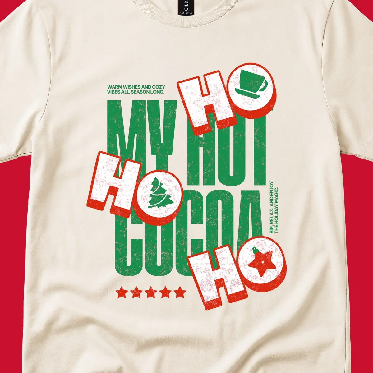 Hot cocoa holiday cheer text and icons design. Festive and loud for Christmas.