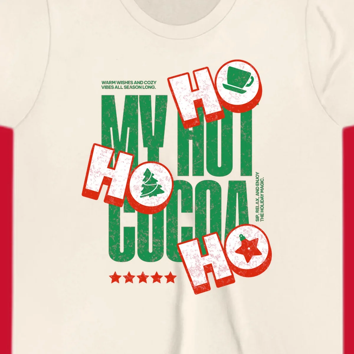 Hot cocoa holiday cheer text and icons design. Festive and loud for Christmas.