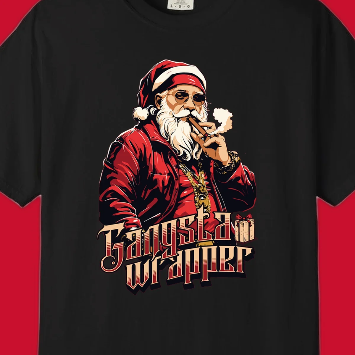 Gangsta Wrapper Christmas design featuring Santa Claus smoking a cigar with gold chains.