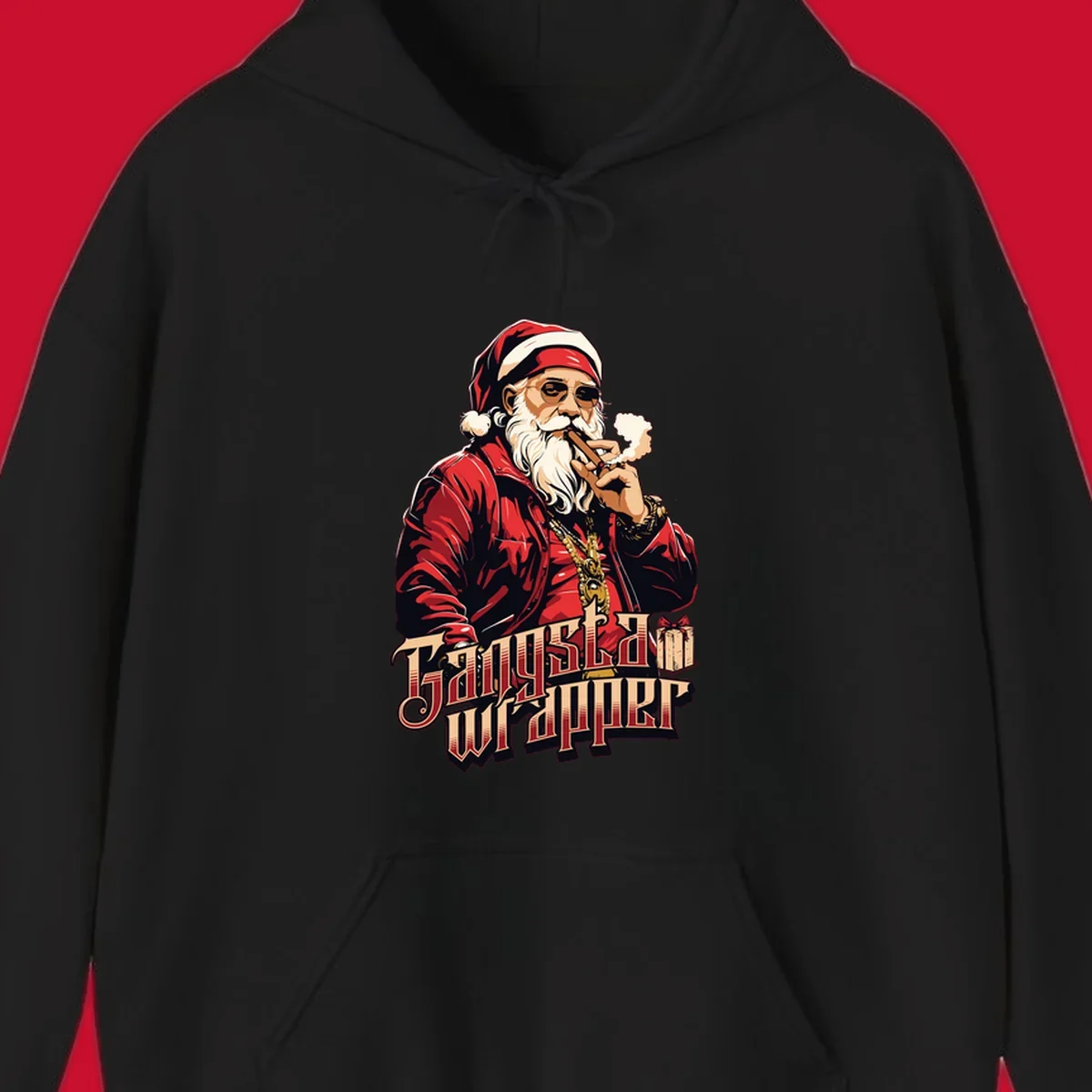 Gangsta Wrapper Christmas design featuring Santa Claus smoking a cigar with gold chains.