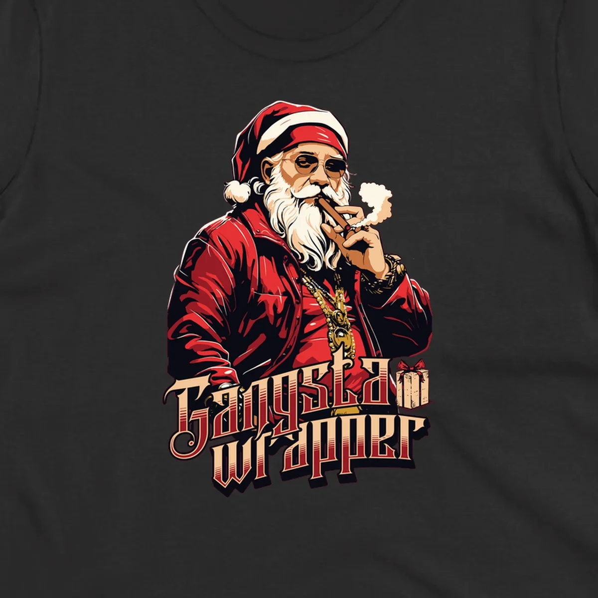 Gangsta Wrapper Christmas design featuring Santa Claus smoking a cigar with gold chains.